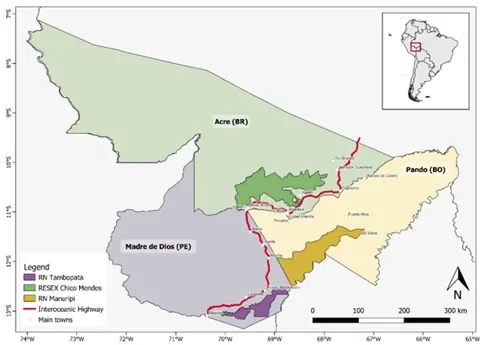 The MAP region, the Interoceanic highway and neighboring protected areas